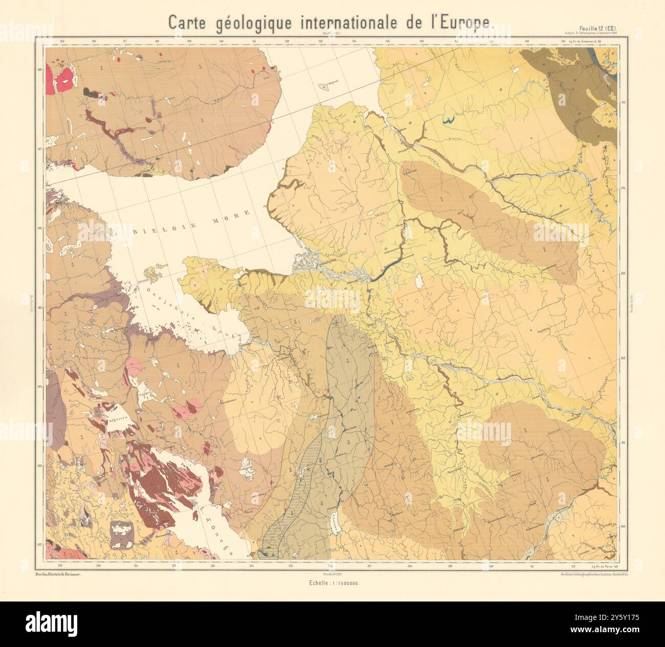 Geologische Karte NW Russland. Weißmeer Karelien Arkhangelska. BEYSCHLAG 1909 Stockfoto