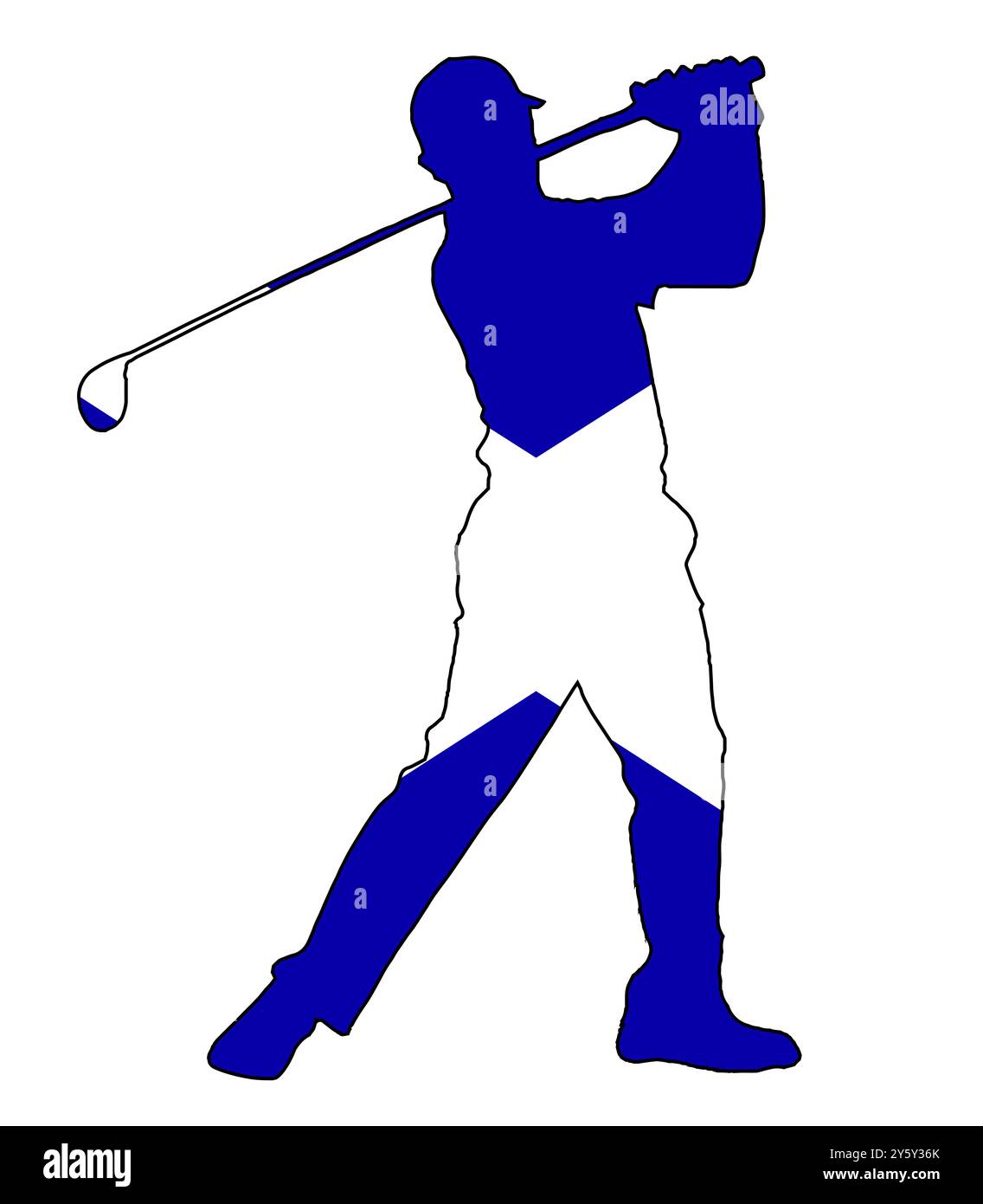 Eine schottische schottische Golfer-Silhouette, die seinen Schwung isoliert auf weiß nimmt. Stockfoto