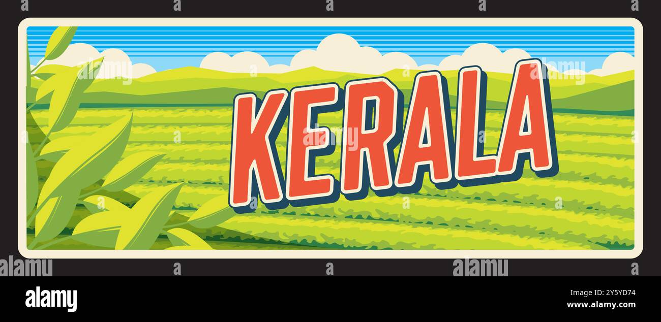 Kerala Bundesstaat Indien Vektor Vintage Reiseplatte. Indische Teeplantage von Munnar Hills, Naturlandschaftsschilder und Aufkleber. Der Bundesstaat Keralam an der Malabar-Küste Indiens. Die natürliche Landschaft der Stadt Kochi Stock Vektor