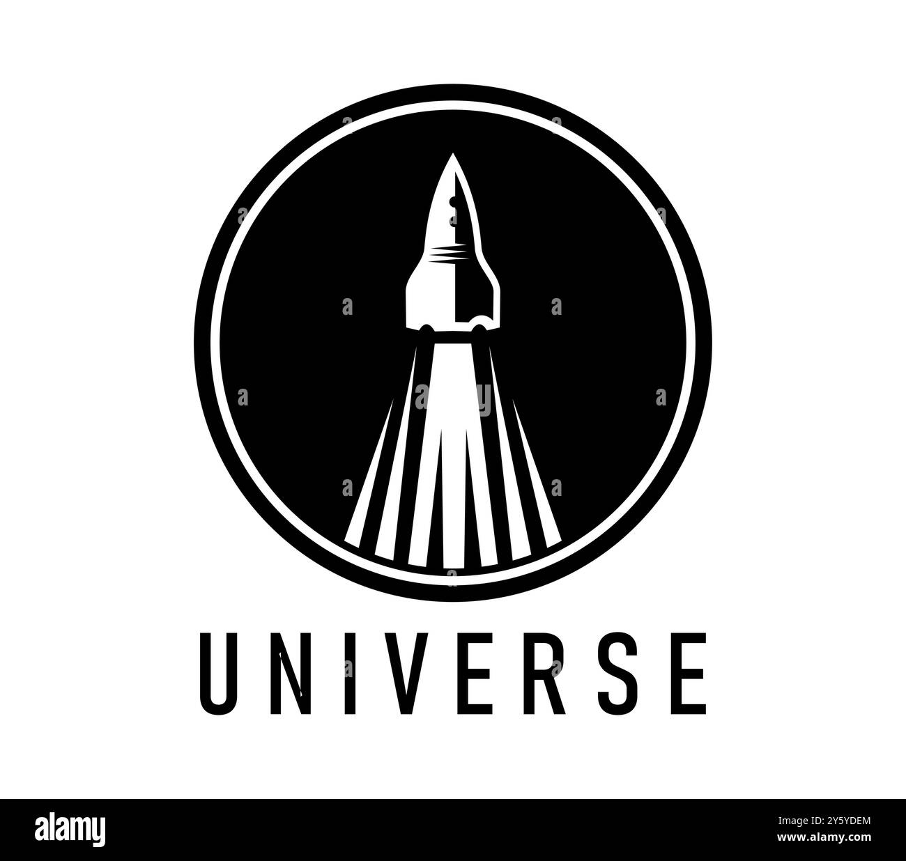Raumschiff-Rakete-Symbol für Weltraumreisen und Galaxienuniversum, Vektoremblem. Startsymbol für Raumschiff-Start-up für Galaxientechnologie oder Raumfahrtinnovationsunternehmen und Technologiebranche Stock Vektor