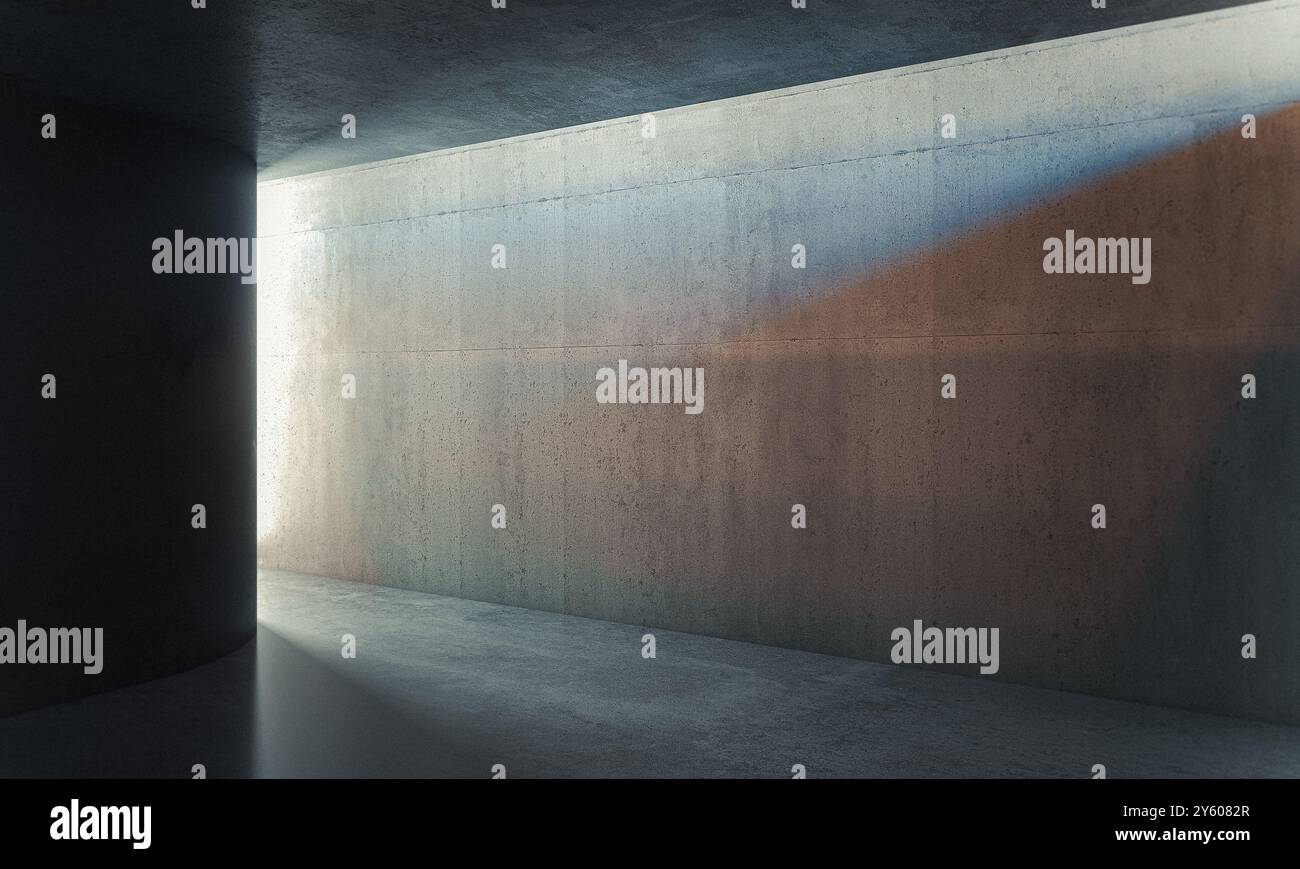 Sunbeam ist ein beleuchteter Grunge-Betonraum mit modernem 3D-Hintergrund Stockfoto