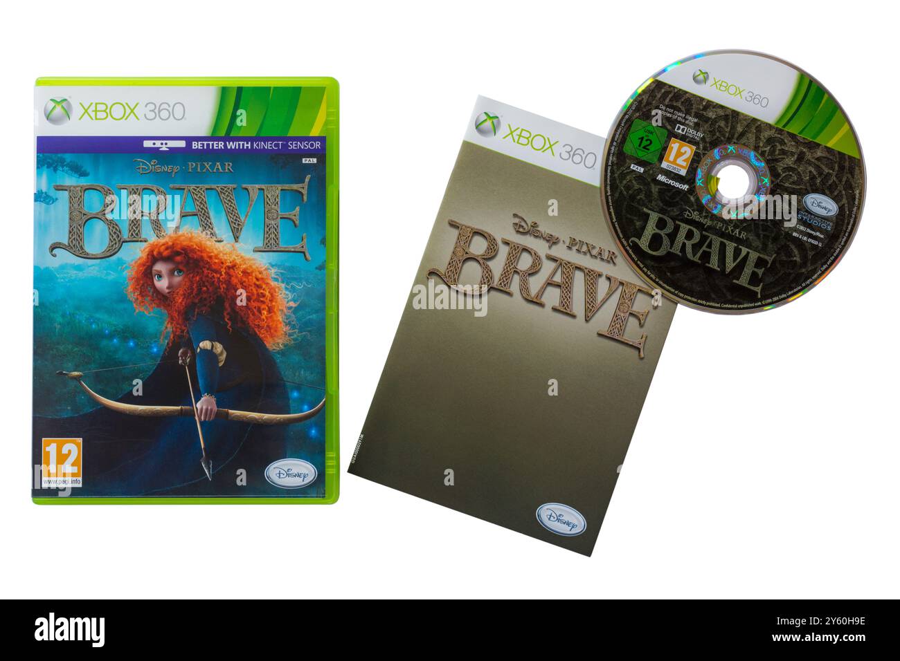 Xbox 360 Spiel - Disney Pixar Brave Videospiel mit Disc und Anleitung Broschüre entfernt aus Gehäuse isoliert auf weißem Hintergrund Stockfoto