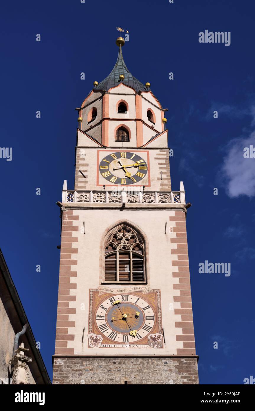 Kirchturm, Glockenturm, Pfarrkirche St. Nikolaus, Meran, Meran, Südtirol, Autonome Provinz Bozen, Italien, Europa Stockfoto