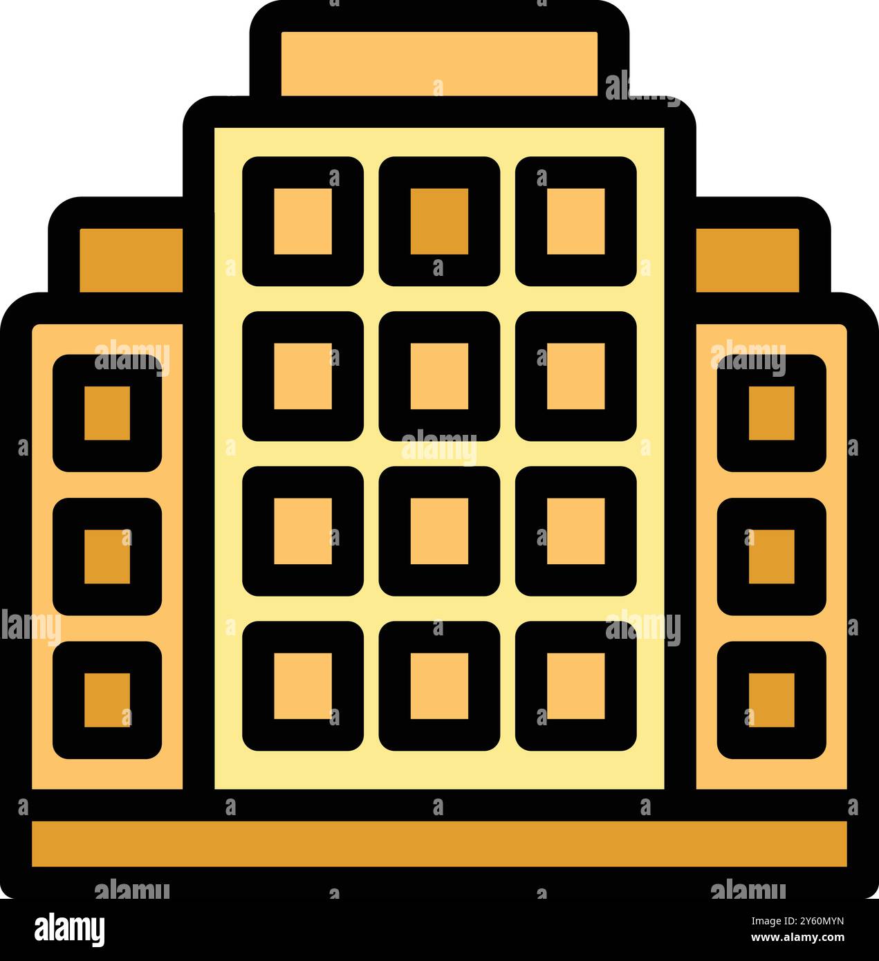 Die Fassade des großen Hotelgebäudes zeigt viele Fenster in dieser einfachen, farbenfrohen Illustration Stock Vektor