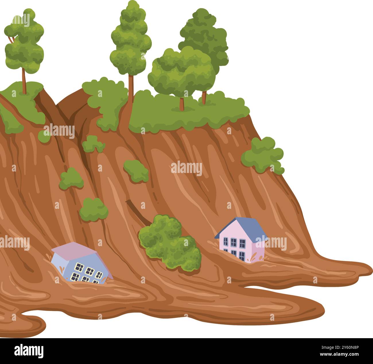 Cartoon-Schlamm, Naturkatastrophen. Erdrutsch, Schlammbach mit Steinen, weggewaschene Häuser, Schlammströme extreme Katastrophe flache Vektor-Illustration Stock Vektor