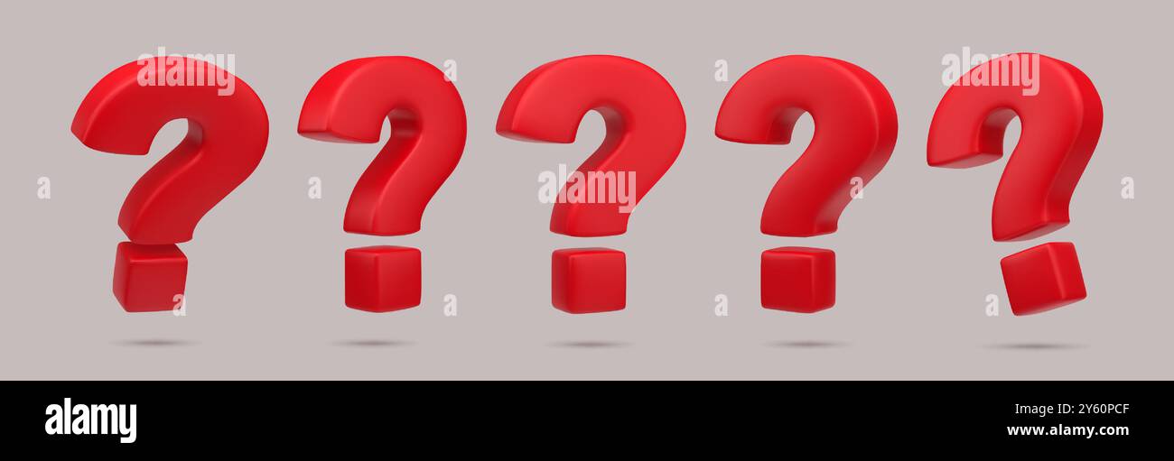 3D-Fragezeichen. FAQ-Schild. Antwort fragen. Satzzeichen. Problem oder Zweifel mit der digitalen Grafik. Realistische Idee für das Kartenkonzept. Untersuchungstest. Denken Sie über eine Lösung nach. Vektor-Rendern-Symbol-Set für interrogative Symbole Stock Vektor