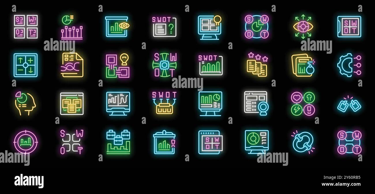 SWOT-Analyse Neonsymbole legen den Vektor fest. Geschäftsplanung und Marktforschung, Beispiele für Chancen und Bedrohungen, Schwächen und Stärken Stock Vektor