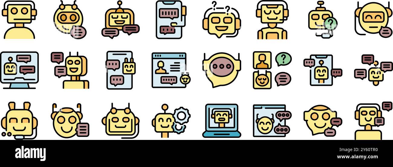 Chatbot bietet Avatare und Sprechblasen, die den KI-Kundensupport in einer Reihe moderner Symbole darstellen Stock Vektor