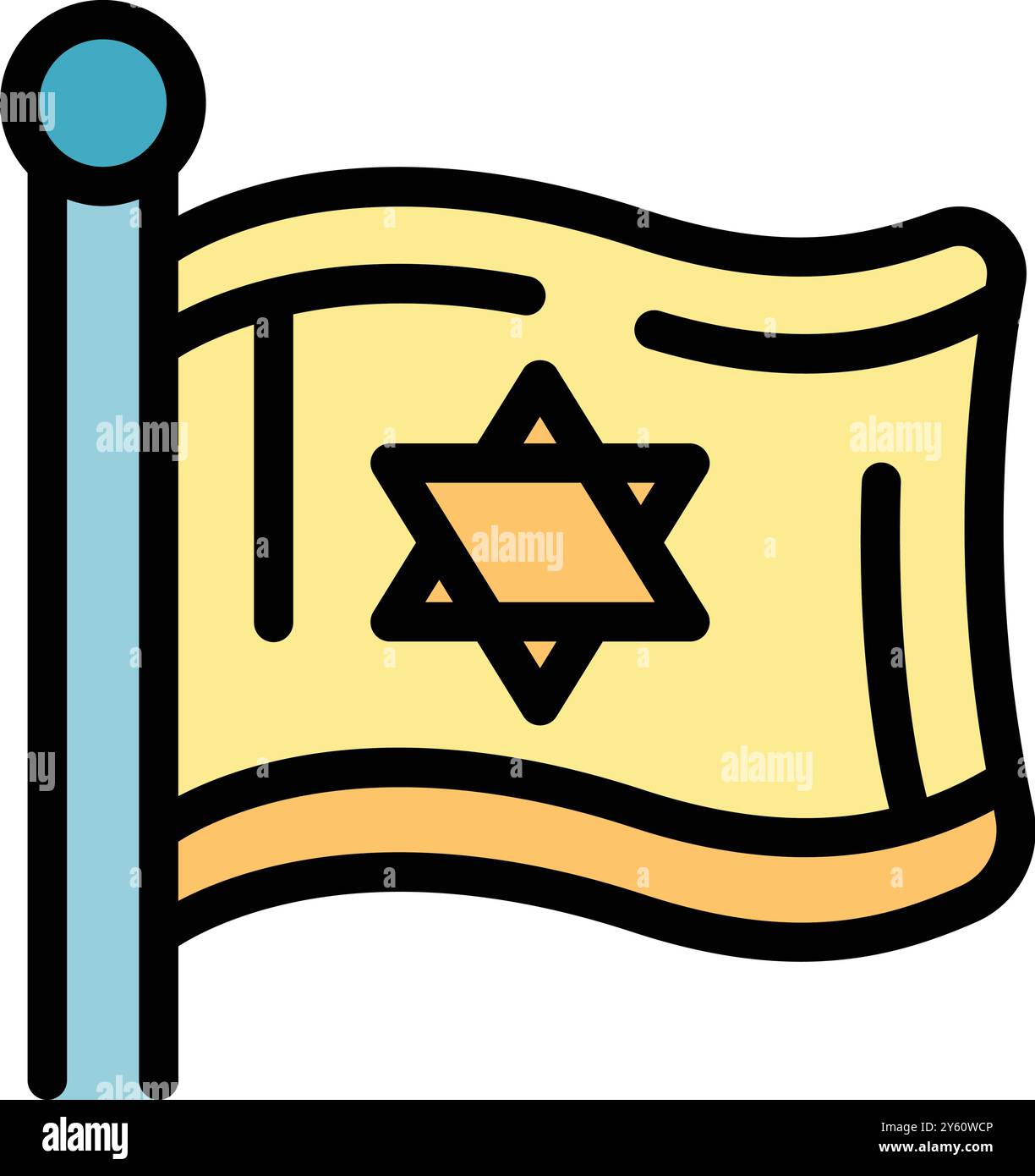 Gelbe israel-Flagge mit Stern von david, der auf blauem Pfosten winkt Stock Vektor
