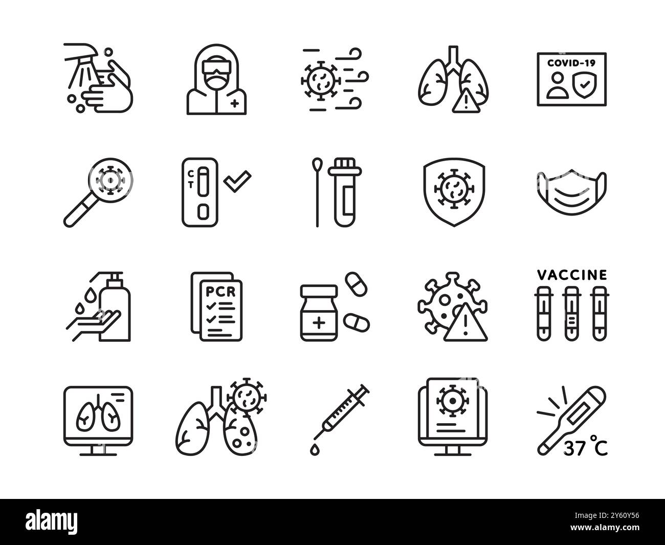 Corona Virus Symbole. Coronavirus-Gesundheitsfürsorge. Medizinische Maske. Hände mit Desinfektionsmittel waschen. Viruskrankheitstemperatursymptome. Impfspritze. Arzneimittelpillen. Lungendiagnostik. Vektorliniensymbole festgelegt Stock Vektor