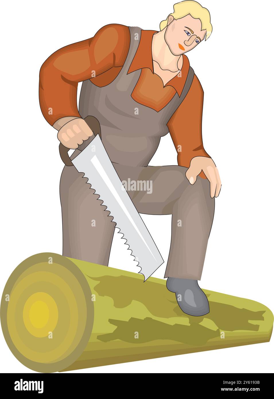 Holzfäller bei der Arbeit Sägen Baumstamm mit elektrischen Säge Logging Maschinen stapeln Holz Cartoon Komposition Vektor Illustration Stock Vektor