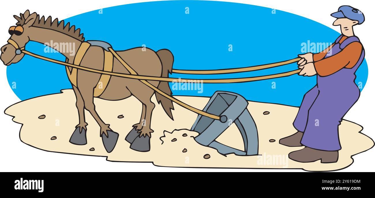 Abstraktes Bauernpflügfeld mit einem Pferd Vektor-Illustration isoliert Stock Vektor