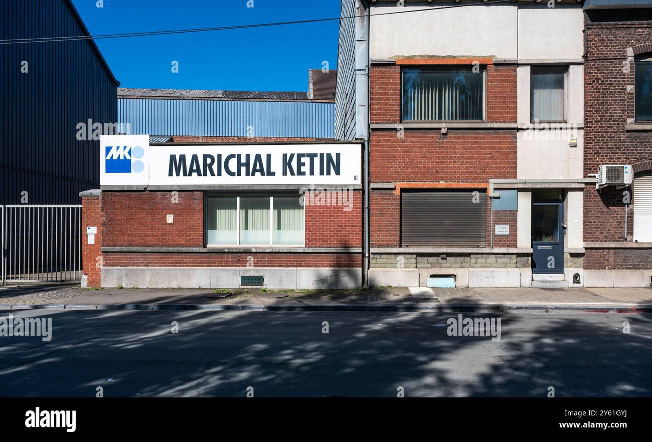 Lüttich, Belgien, 10. August 2024 - Marichal Ketin Lagerhäuser der Metallindustrie Stockfoto