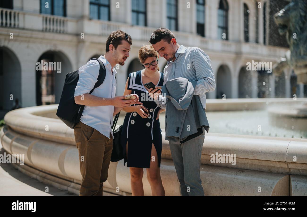 Gruppe von Kollegen, die an einem Brunnen an einem Geschäftsgespräch im Freien teilnahmen Stockfoto