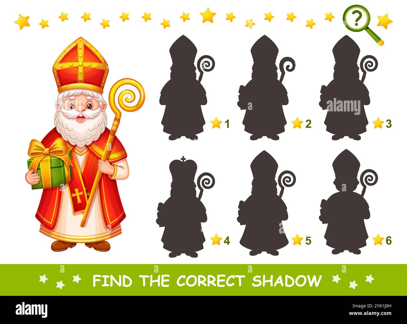 Niedlicher Nikolaus Sinterklaas Charakter, finde die richtige Schattenform. Kinderpädagogik Puzzlespiel. St. Nikolaus Feiertag. Kinderlogik-Lernseite Stock Vektor