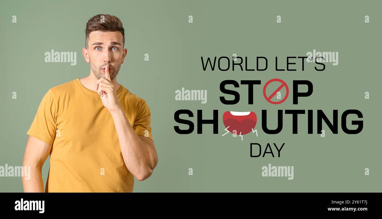 Banner für World Lets Stop Shouting Day mit einem jungen Mann, der schweigende Geste zeigt Stockfoto