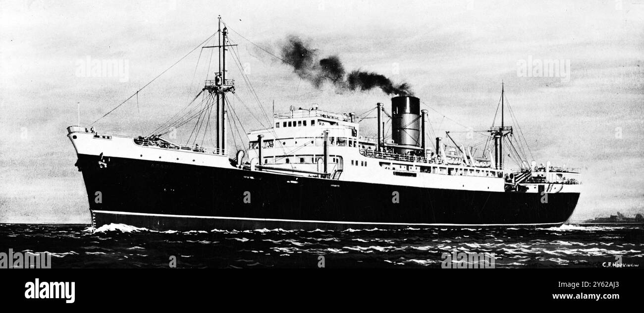 Die zweite der beiden Frachtschiffe, die für den kanadischen Frachtdienst von Cunard White Star gebaut wurden, die 8.730 Tonnen Arabien-Verkäufe für Halifax, Nova Scotia, am 7. Januar auf ihrer Jungfernfahrt. Kreuzer Sterned und Rake-Stem, sie integriert die neuesten Entwicklungen im Frachtschiffdesign, einschließlich elektrisch betriebener Deckausrüstung und moderner Kühlanlage. Ihr Aufkommen ist zu dieser Zeit ganz besonders angemessen. Vor 95 Jahren segelte in diesem Monat ein weiteres Arabien auf ihrer Jungfernfahrt. Sie war die letzte hölzerne Cunarder, die gebaut wurde, und war das letzte Wort im transatlantischen Linienangebot. Das Bild zeigt: Ein Künstler Stockfoto