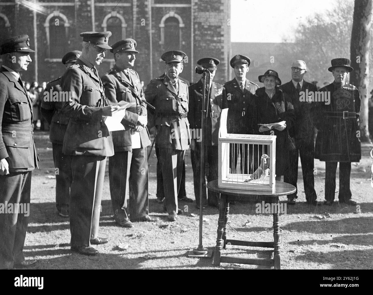 In Anwesenheit hochrangiger britischer und amerikanischer Offiziere und in der historischen Umgebung des Tower of London wurde die erste ausländische Trägertaube, die die Dickin-Medaille (V.C.der gefiederten Welt) erhielt, vom Major und Resident Governor of the Tower, Col E. Carkeet James, OBE, ausgezeichnet. Empfänger war die Trägertaube GI Joe vom Signalkorps der US-Armee. Das Bild zeigt: Die allgemeine Ansicht der Zeremonie am Turm. Col E. Carkeet James liest das Zitat von GI Joe. 4. November 1946 Stockfoto