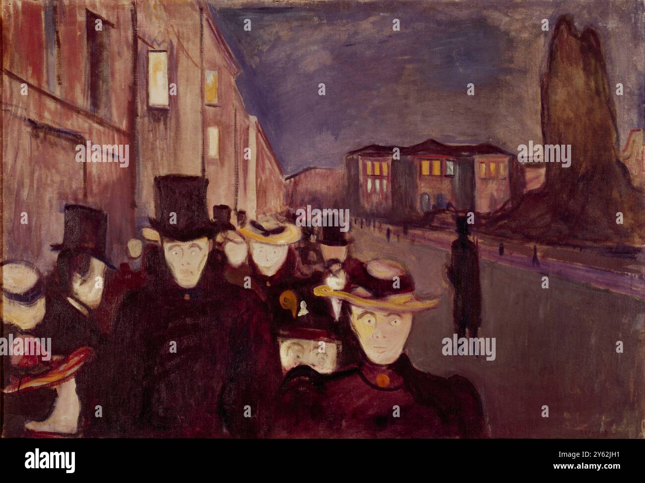 Evening on Karl Johan Street von Edvard Munch 1863–1944 Edvard Munch (* 12. Dezember 1863–23. Januar 1944) war ein norwegischer expressionistischer Maler und Printmacher. Sein intensiver, eindrucksvoller Umgang mit Angst beeinflusste die Entwicklung des deutschen Expressionismus im frühen 20. Jahrhundert. Historisches Museum - Bergen ©2006 Credit:TopFoto Stockfoto