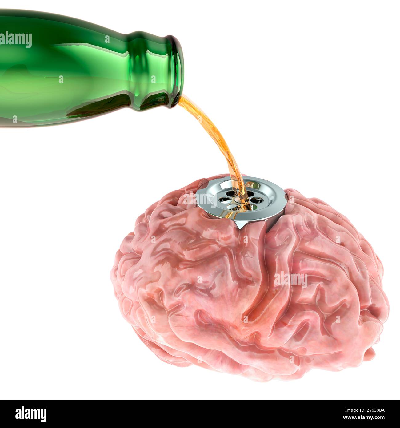 Alkoholsucht, Konzept. Alkohol fließt durch den Abfluss in das Gehirn. 3D-Rendering isoliert auf weißem Hintergrund Stockfoto