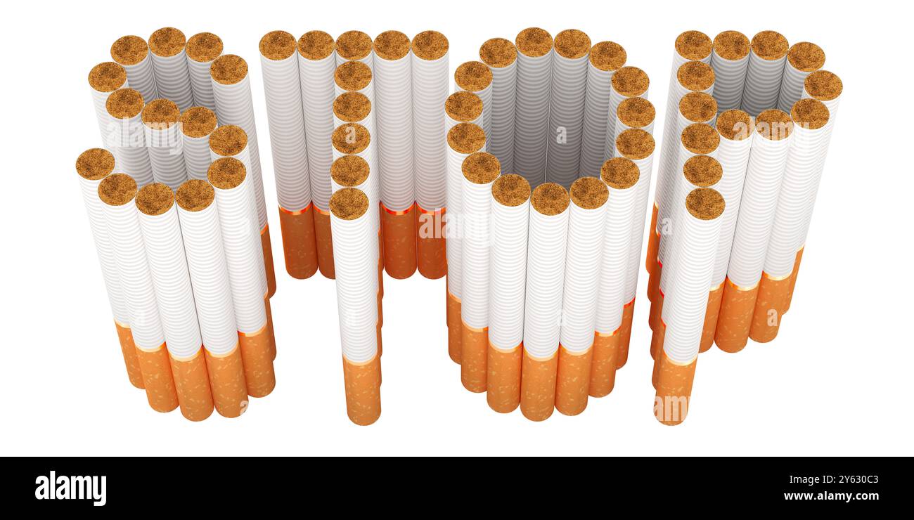 Hören Sie auf zu rauchen, Konzept. Die Beschriftung von Zigaretten stoppen. 3D-Rendering isoliert auf weißem Hintergrund Stockfoto