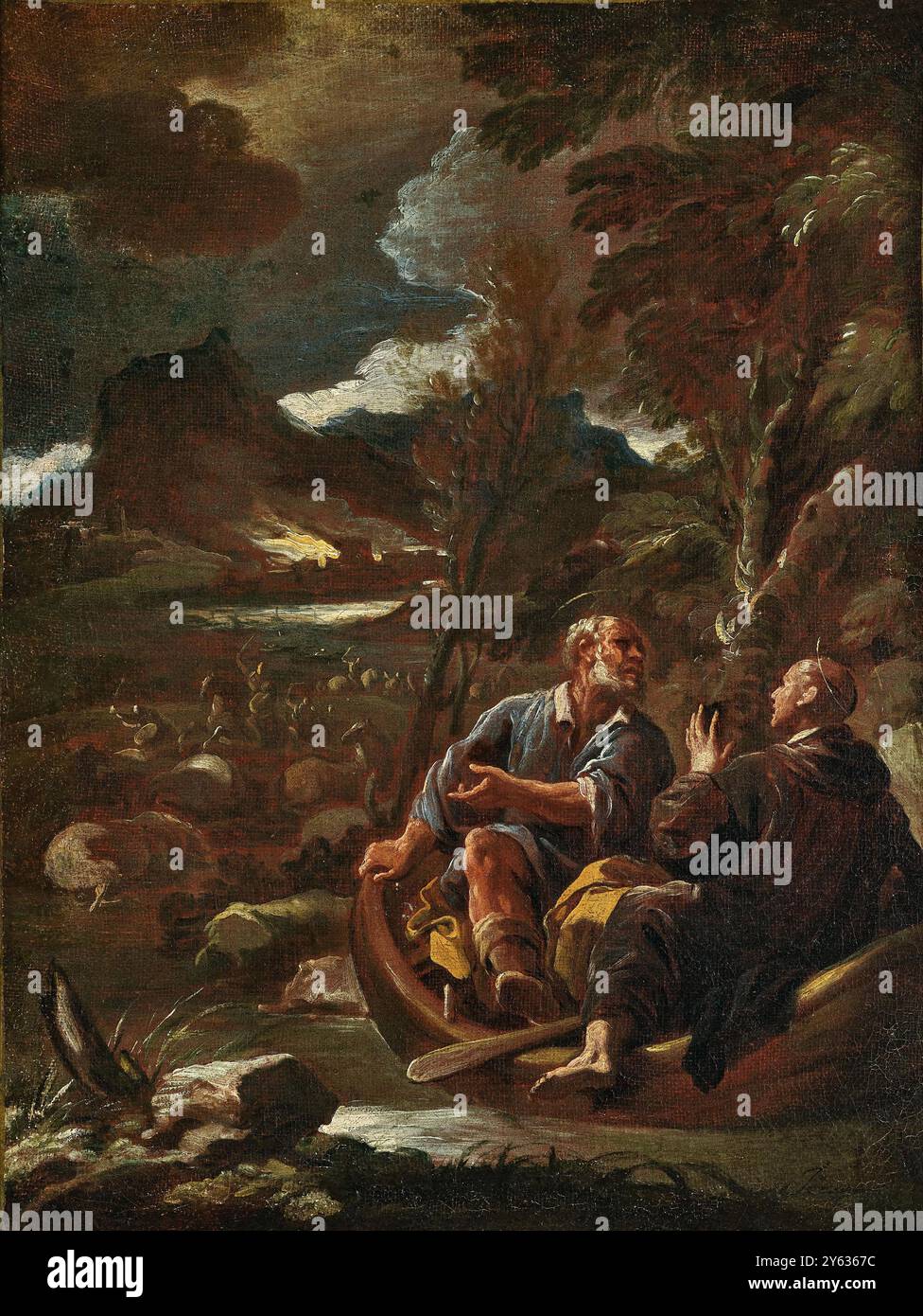 Der Heilige Benedikt und der Heilige Peter in einem Boot, das die Sarazenen abfängt. Museum: PRIVATE SAMMLUNG. Autor: LUCA GIORDANO. Stockfoto