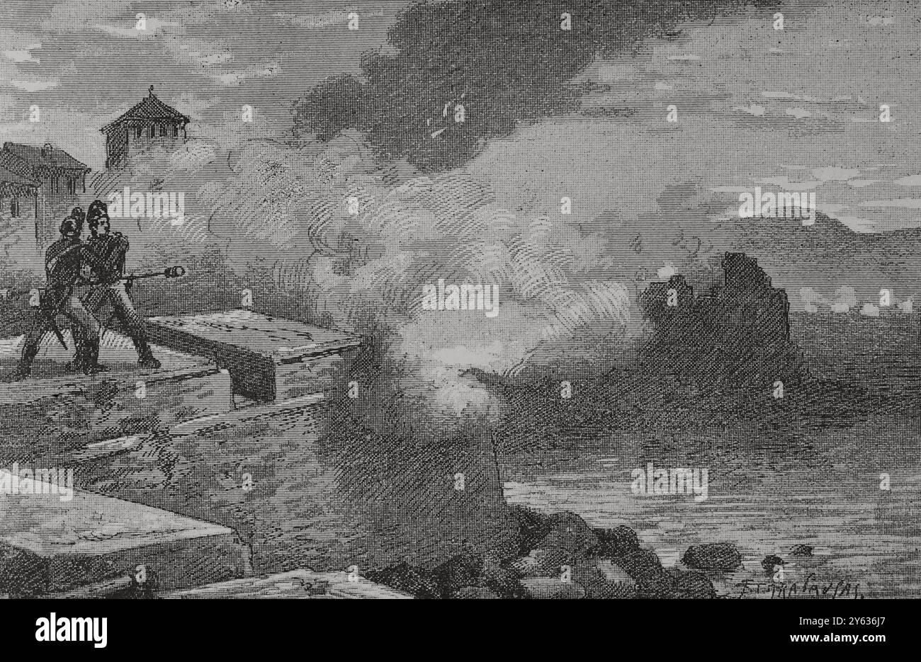 Krieg Auf Der Halbinsel (1808-1814). Katalonien. "Belagerung von Rosas" (7. November bis 6. Dezember 1808). Der französische General Laurent Gouvion Saint-Cyr (1764–1830) belagerte die Befestigungen von Rosas, um die Stadt einzunehmen, die von spanischen Truppen unter dem Kommando von Colonel Pedro O’Daly verteidigt wurde. Die Verteidigung auf See wurde britischen Schiffen übertragen. Am 5. Dezember schickte Colonel O’Daly einen Parlamentarier, um die Kapitulation zu ersuchen, da es nicht möglich war, sich der französischen Belagerung zu widersetzen. Verteidigung von Rosas. Illustration von Serra Pausas. „Glorias Españolas“ (Glorias von Spanien). Band IV. Veröffentlicht in Barcelona, 1890. Autho Stockfoto