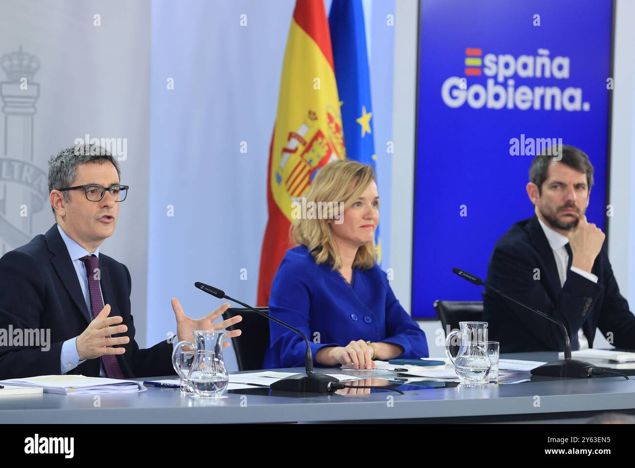 Madrid, 26.03.2024. Moncloa Palace. Pressekonferenz nach dem Treffen des Ministerrates mit dem Sprecher des Ministers Pilar Alegría, dem Minister für Justiz und Beziehungen zu den Gerichten, Félix Bolaños, und dem Minister für Kultur, Ernest Urtasún. Foto: Jaime García. ARCHDC. Quelle: Album / Archivo ABC / Jaime García Stockfoto