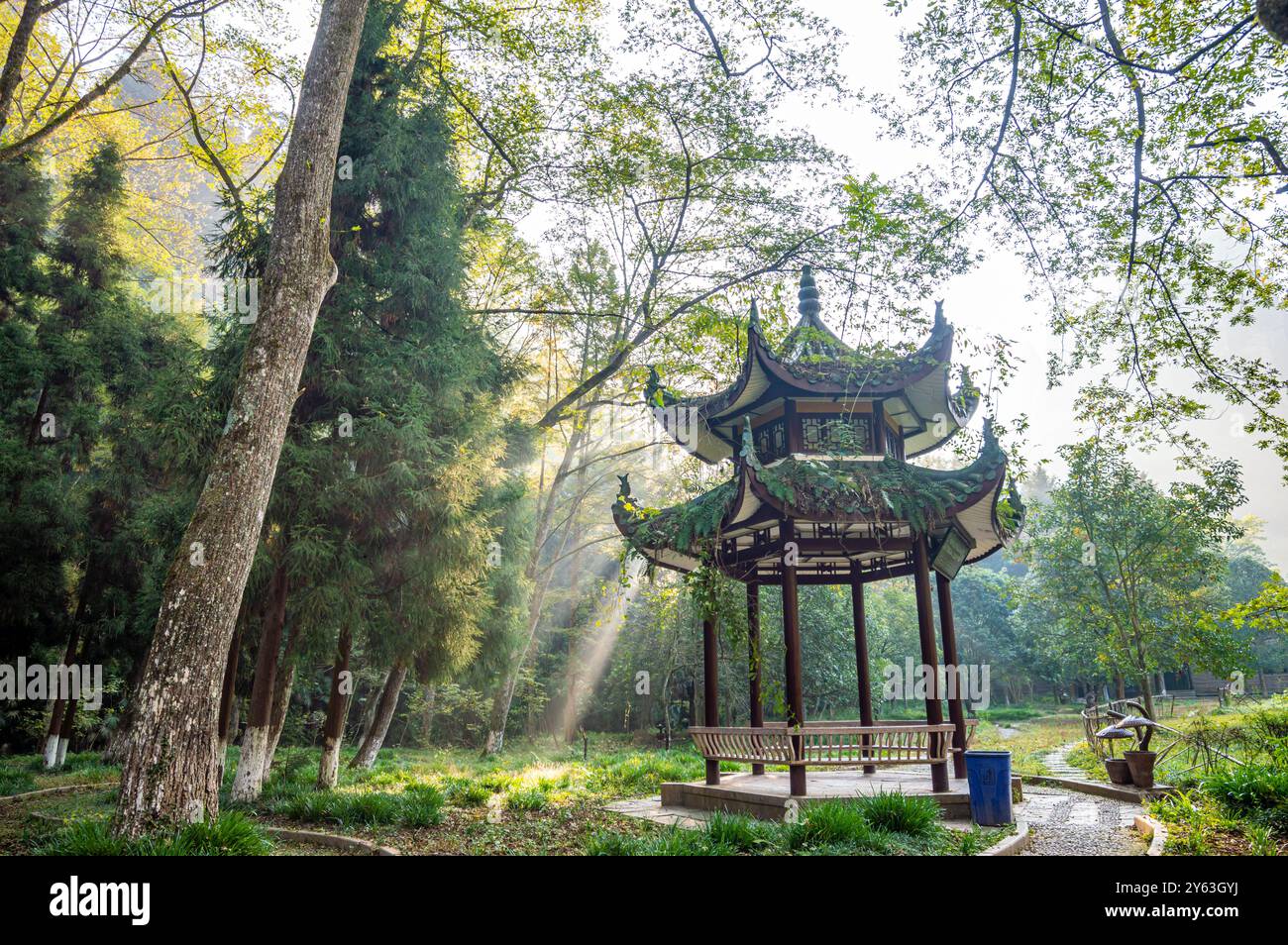 Zhangjiajie National Forest in der Provinz Hunan, China während eines Sonnentages mit chinesischem Stil im Rahmen und Sonnenschein. Stockfoto