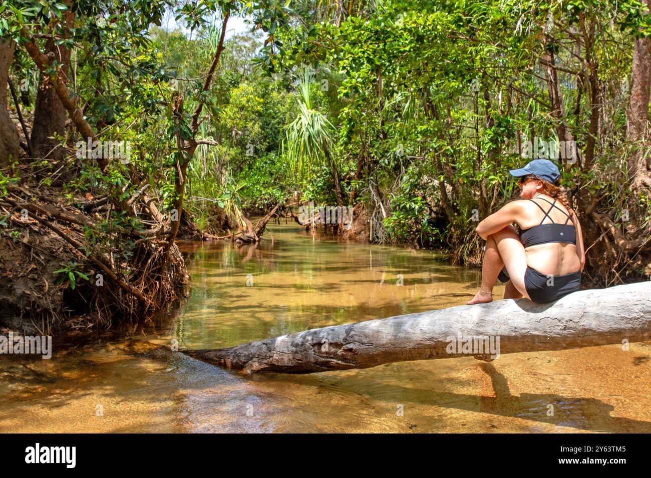 Frau auf einem umgestürzten Baum in Latram (Wathawuy) Stockfoto