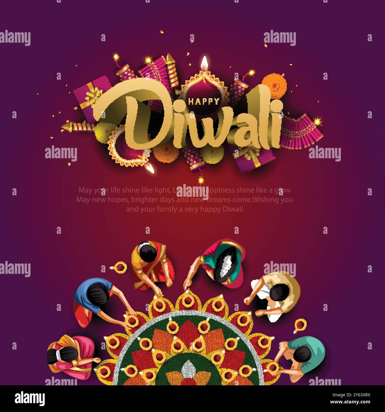 Indisches Festival Happy Diwali mit Diwali Requisiten, Feiertagshintergrund mit Crackern, Diwali Feier Grußkarte, abstrakte Vektor Illustration. Stock Vektor