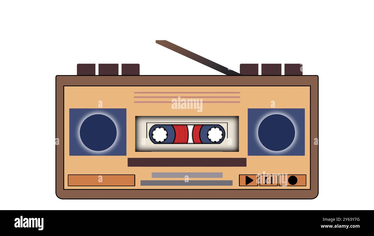 Kassettenrekorder 80s spielt Musik, Retro Old Design Ghetto Blaster Boombox Radio Kassettenband, Vintage Audio Kassette, Stereo Recorder zum Hören Stockfoto