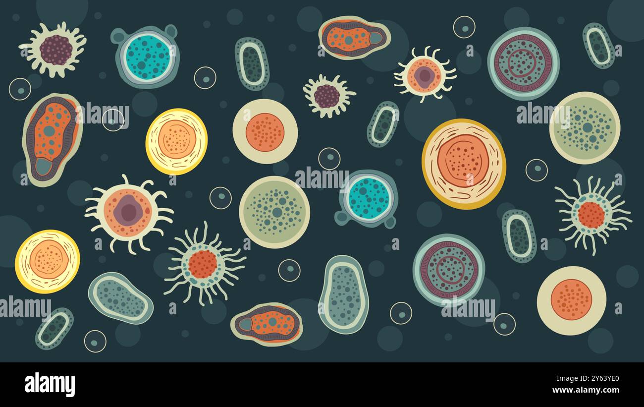 Biologie Schule, Bakterien in verschiedenen Formen und Farben, Mikroorganismen, Bakterien und Keime bunt Set, Mikroorganismen Krankheit verursachen Objekte Stockfoto