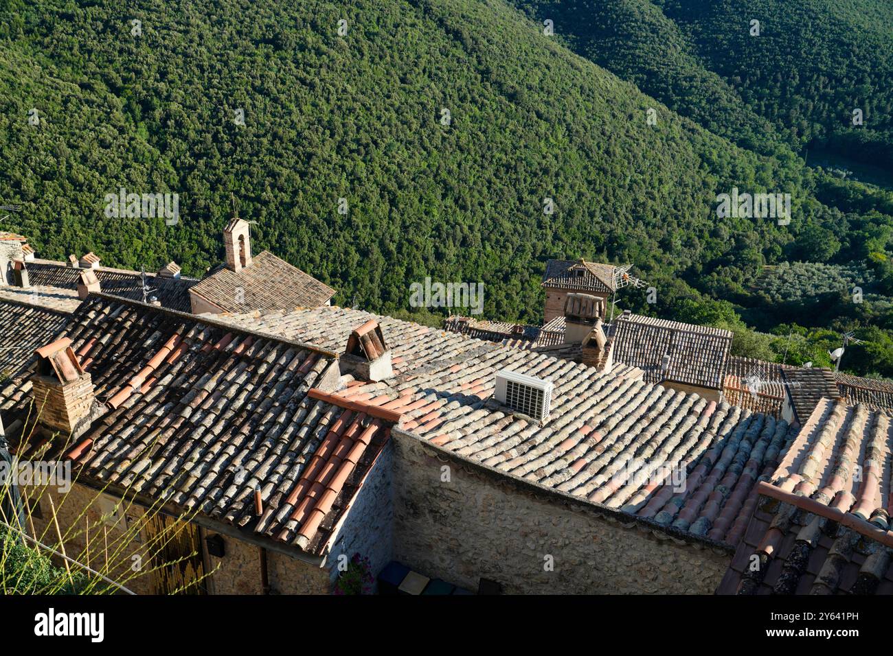 Blick auf die Dächer von Roccantica, Roccantica, Provinz Rieti, Region Latium, Italien Stockfoto