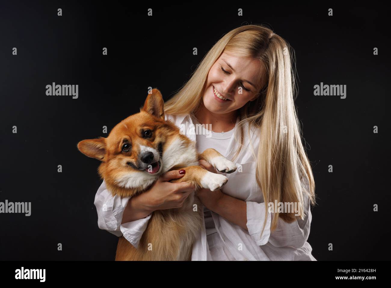 Frau, die einen glücklichen Corgi-Hund auf schwarzem Hintergrund hält und umarmt. Elegantes Konzept. Liebe Hunde Stockfoto