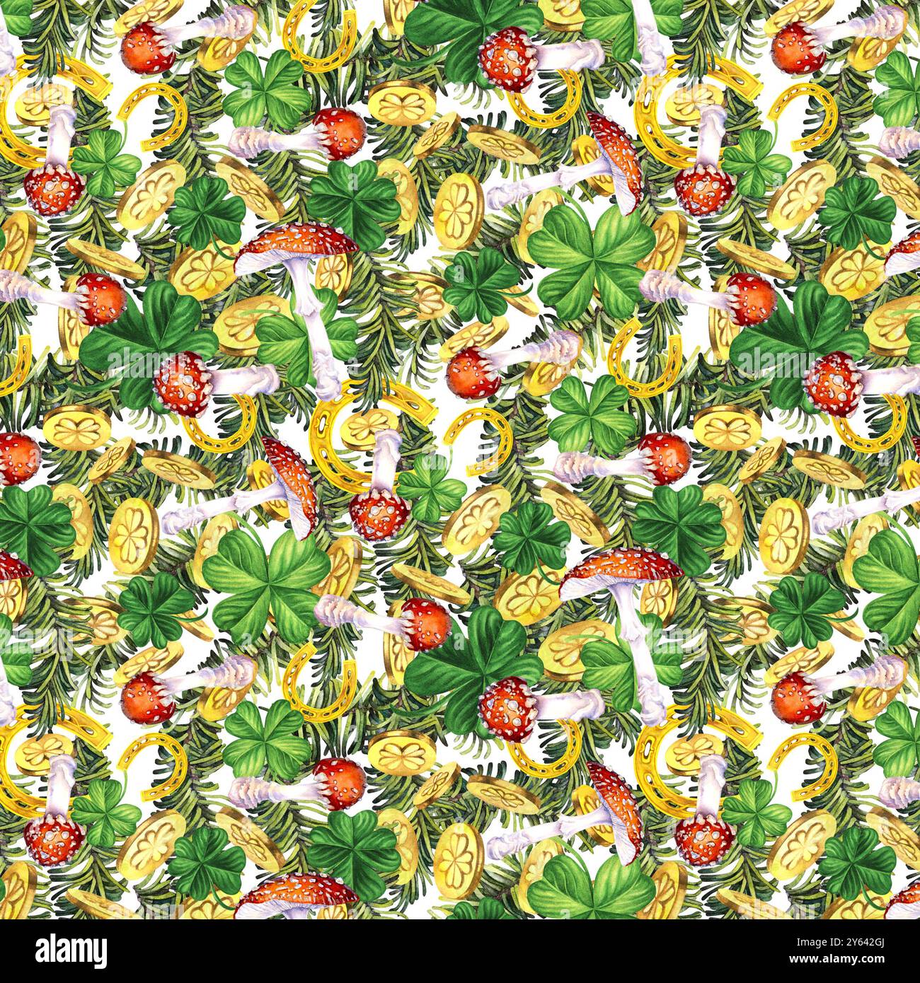 Nahtloses Muster mit grünen Tannenzweigen, Lucky Shamrock Blätter, Goldmünzen, roten Polka Dot Fliege Agarpilz. Aquarellillustration für Neujahr, Stockfoto