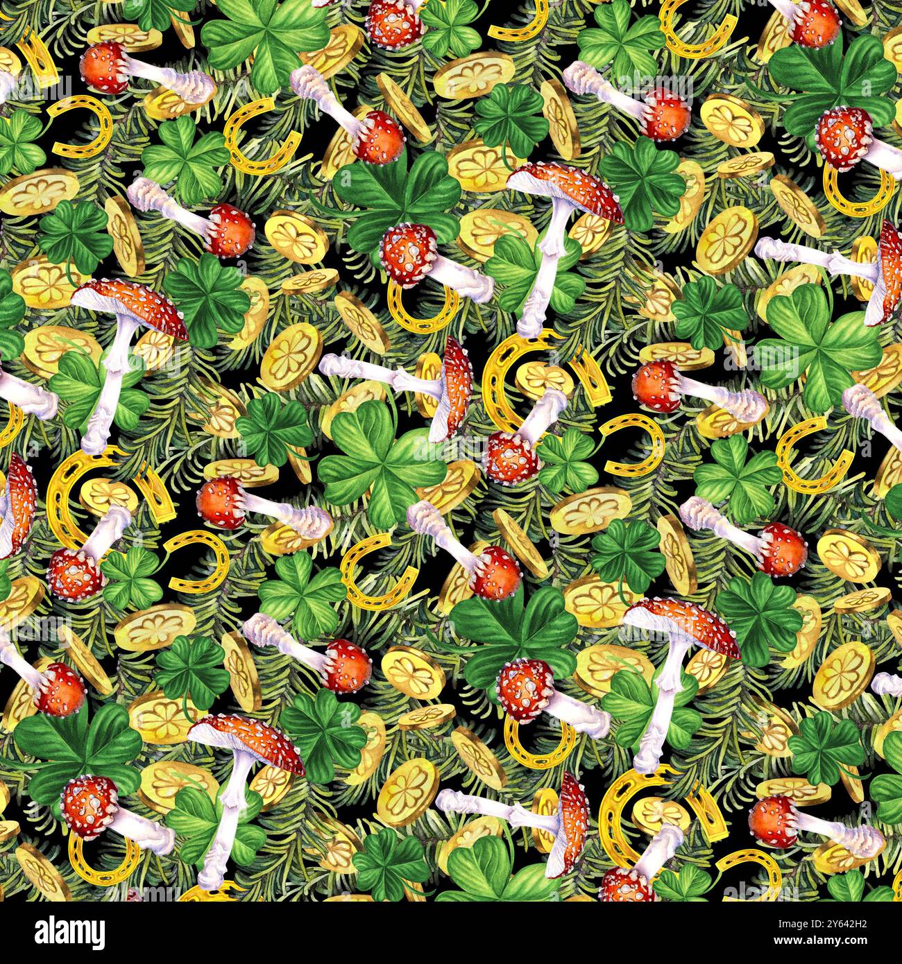 Nahtloses Muster mit grünen Tannenzweigen, Lucky Shamrock Blätter, Goldmünzen, roten Polka Dot Fliege Agarpilz. Aquarellillustration für Neujahr, Stockfoto