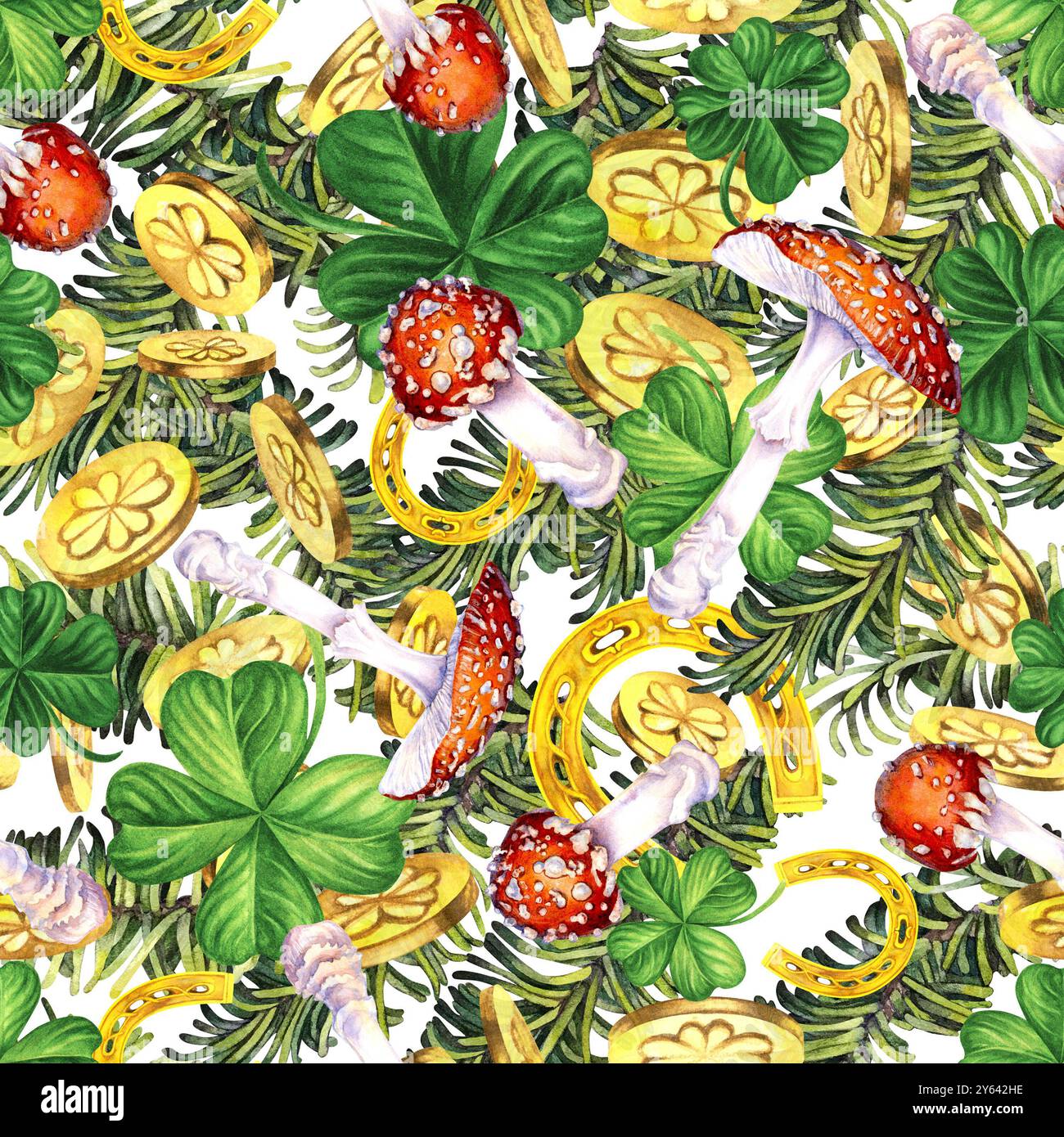 Nahtloses Muster mit grünen Tannenzweigen, Lucky Shamrock Blätter, Goldmünzen, roten Polka Dot Fliege Agarpilz. Aquarellillustration für Neujahr, Stockfoto