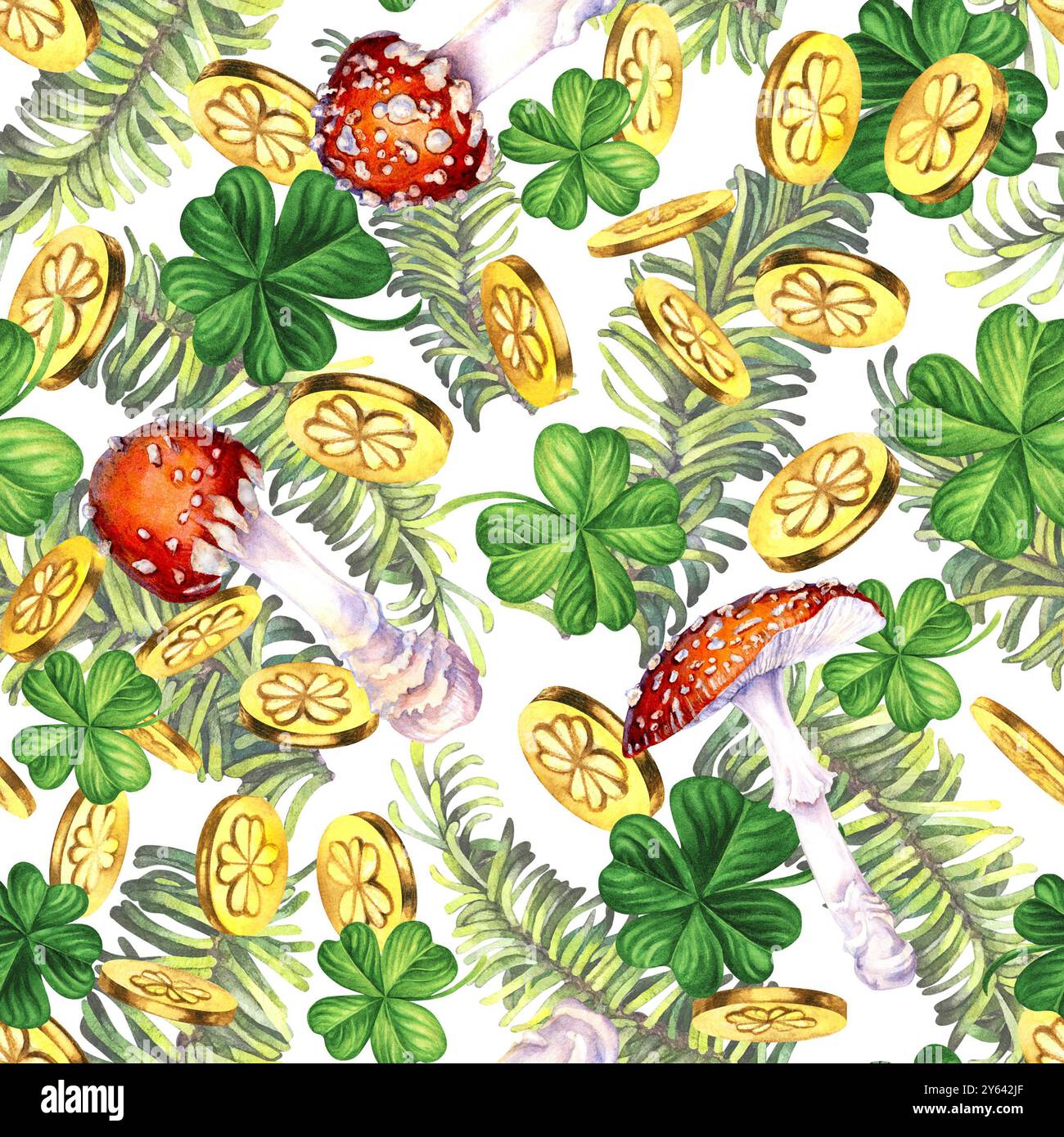 Nahtloses Muster mit grünen Tannenzweigen, Lucky Shamrock Blätter, Goldmünzen, roten Polka Dot Fliege Agarpilz. Aquarellillustration für Neujahr, Stockfoto