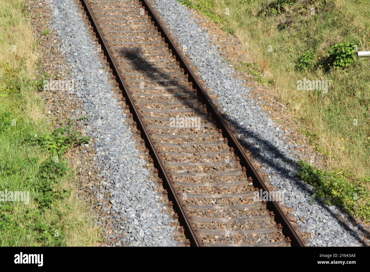 Große Ereignisse werfen ihre Schatten voraus: Blick am Montag 23.09.2024 unweit von Demmin Landkreis Mecklenburgische Seenplatte auf die Bahnstrecke Berlin-Stralsund Landkreis Vorpommern Rügen. Die Strecke zwischen der Ostseeinsel und der Hauptstadt soll in absehbarer Zeit als Hochgeschwindigkeitsmagistrale ausgebaut werden. Das hatte seinerzeit die Bundesregierung dem Land Mecklenburg Vorpommern im Gegenzug für den Bau des LNG-Terminals auf der Urlaubsinsel in Aussicht gestellt. Das Projekt war aber jüngst ins Stocken geraten. Daraufhin hatten die Befürworter des Projekts vor geraumer Zeit Stockfoto
