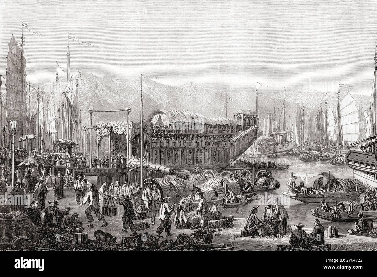 Ein Blumenboot, ein Restaurant, ein Ort des Vergnügens, Shanghai, China, 19. Jahrhundert. Aus Le Tour du Monde, veröffentlicht Paris, 1860. Stockfoto