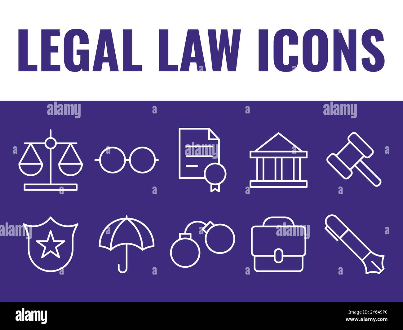 Symbole für gesetzliche Gesetze festgelegt. Vektor für rechtliche Symbole. Rechtsvektoren. Stock Vektor