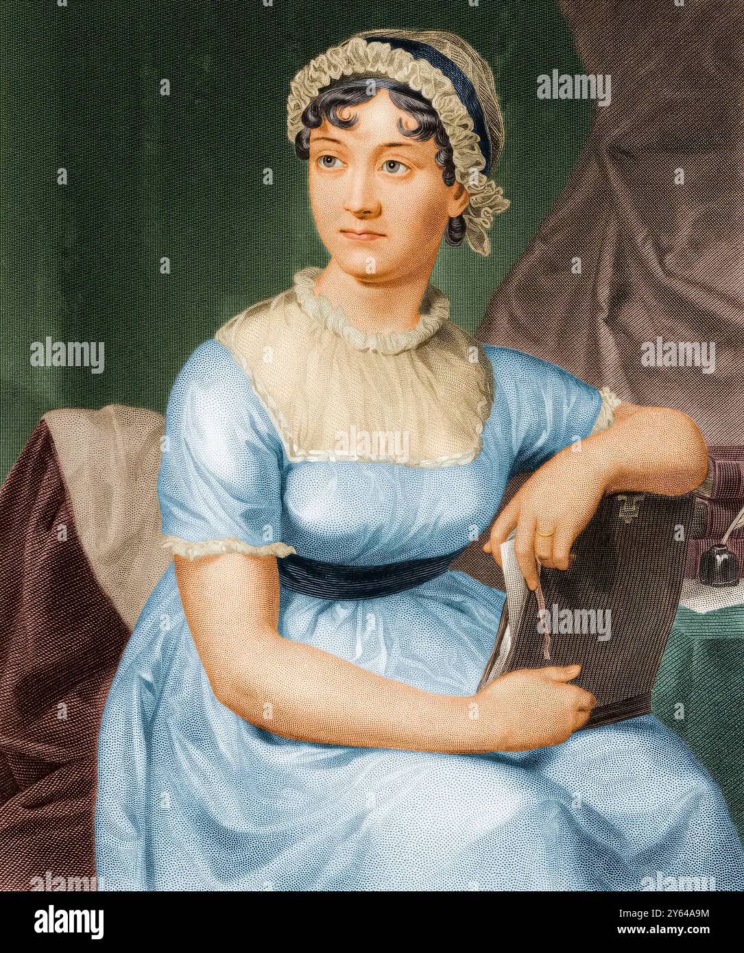 Jane Austen (1775–1817), englische Schriftstellerin, handkolorierter Porträtstich nach 1810 Stockfoto