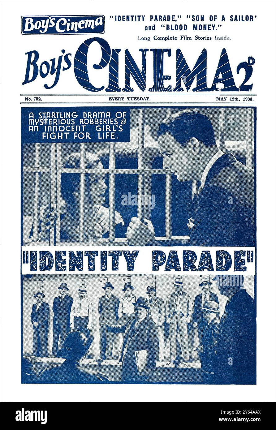 Das Vintage 1934 Magazin präsentiert das Boy's Cinema mit Identity Parade mit William Gargan und Marian Nixon. Stockfoto