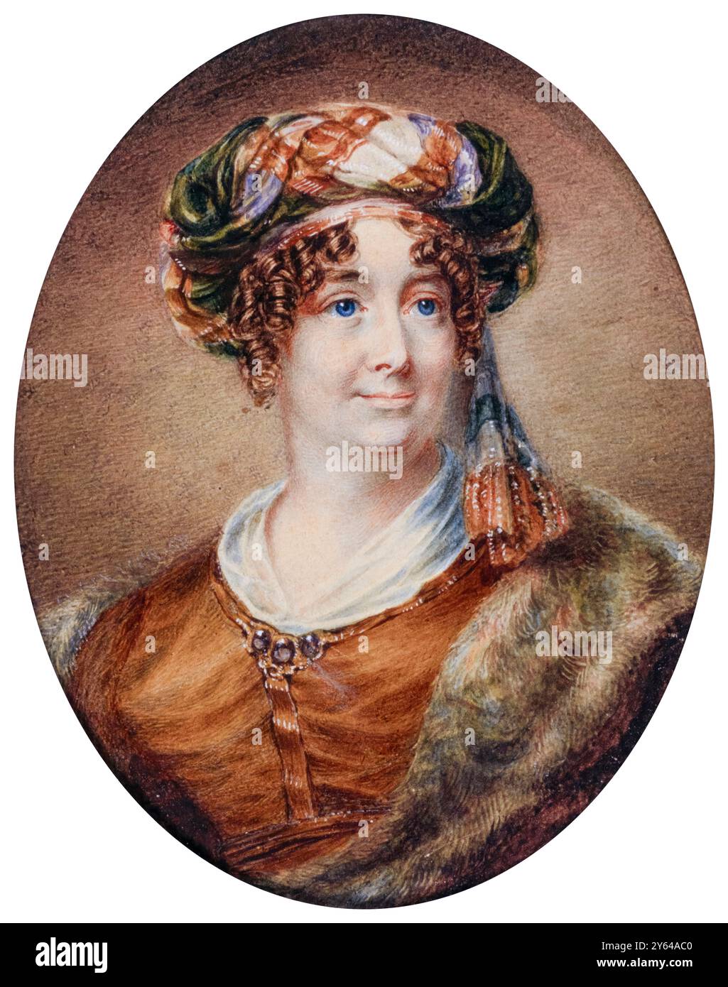 Sarah Biffin (alias Sarah Beffin, 1784–1850), oder mit ihrem verheirateten Namen Mrs EM Wright, war eine englische Malerin ohne Arme und Beine, die lernte, mit ihrem Mund zu malen, Selbstporträt-Miniatur-Aquarellmalerei 1830 Stockfoto