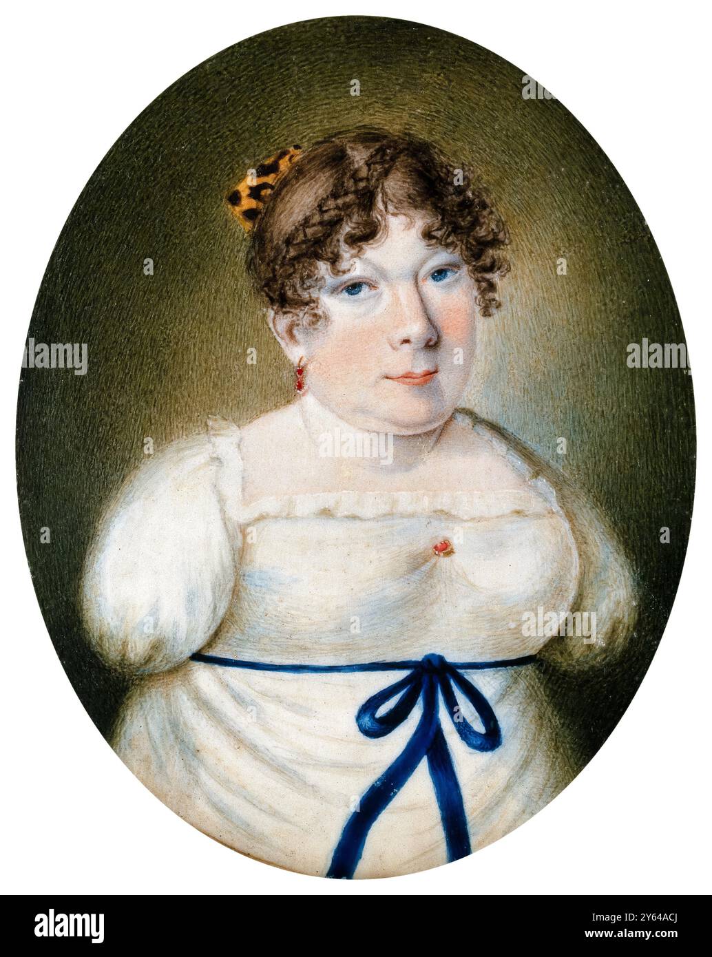 Sarah Biffen (alias Sarah Beffin, 1784–1850), oder mit ihrem verheirateten Namen Mrs EM Wright, war eine englische Malerin, die ohne Arme und Beine geboren wurde und mit ihrem Mund malte, Selbstporträt-Miniatur-Aquarellmalerei mit Gouache auf Elfenbein von Sarah Biffin, 1800-1850 Stockfoto