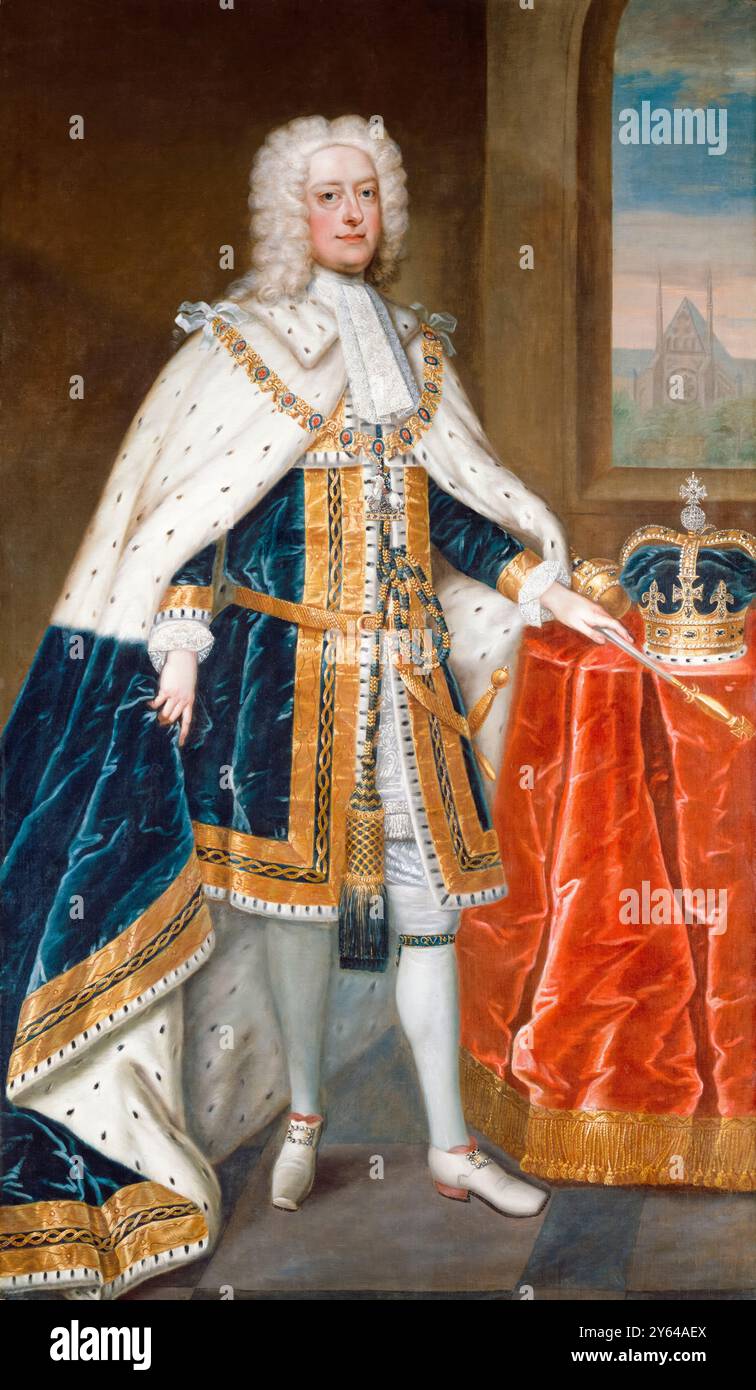 König Georg II. Von Großbritannien (1683–1760) in Krönungsroben, Porträtgemälde in Öl auf Leinwand um 1727 Stockfoto