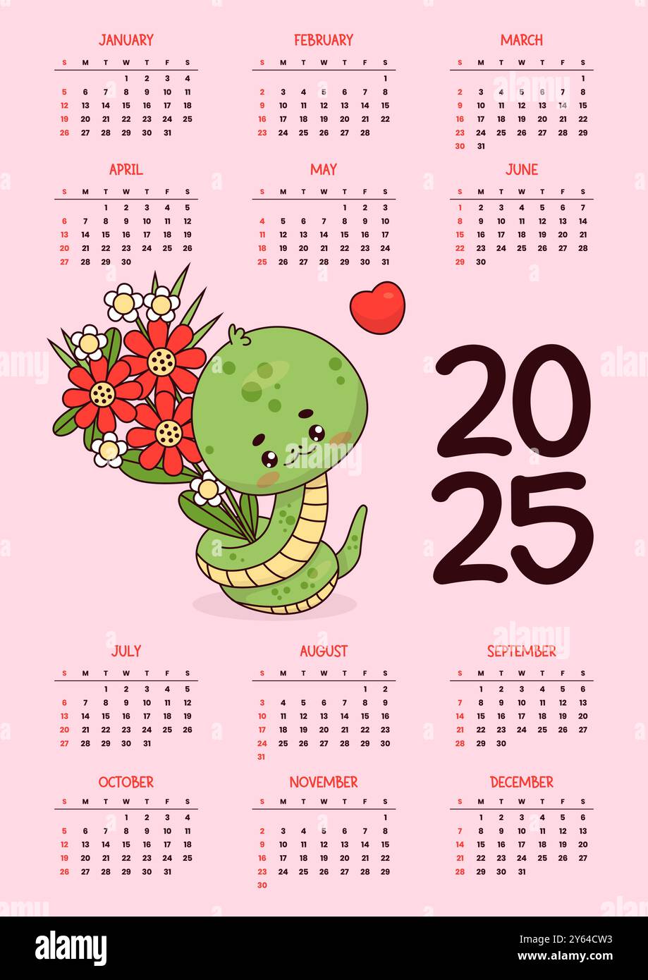 Jahreskalender 2025. Niedliche Schlangenfigur mit Blumenstrauß auf Rosa. Vertikale Vektorvorlage 12 Monate auf Englisch. Woche beginnt Sonntag. 2025 Jahre Stock Vektor