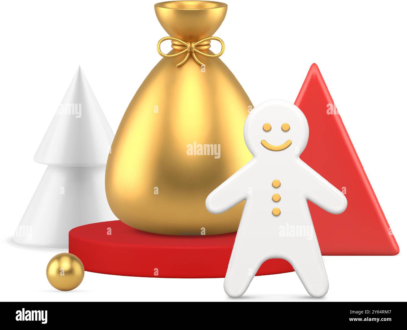 Weihnachten traditionelle festliche Komposition Lebkuchen Mann Santa Claus Sack auf Podium realistische 3D Icon Vektor Illustration. Weihnachtsdekorationselemente Stock Vektor