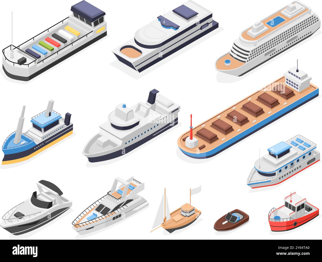 Isometrische Fracht-Fahrgastschiffe. Yacht und Segelboot, Schiff mit Containern. 3d Seetransportlogistik, Schiff Tanker Liner makelloser Vektorsatz Stock Vektor